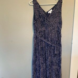 Motherhood Maternity maxi dress, size M, navy blue with pink dot pattern.